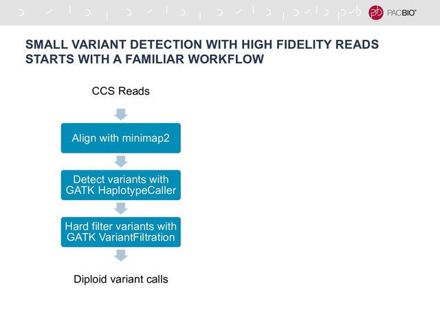 SMALL VARIANT DETECTION WITH HIGH FIDELITY READS
STARTS WITH A FAMILIAR WORKFLOW
CCS Reads
Align with minimap2
Detect variants with
GATK HaplotypeCaller
Hard filter variants with
GATK VariantFiltration
Diploid variant calls
