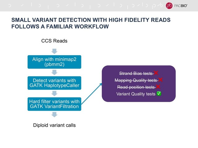 SMALL VARIANT DETECTION WITH HIGH FIDELITY READS
FOLLOWS A FAMILIAR WORKFLOW
CCS Reads
Align with minimap2
(pbmm2)
Detect variants with
GATK HaplotypeCaller
Hard filter variants with
GATK VariantFiltration
Diploid variant calls
Strand Bias tests ❌
Mapping Quality tests ❌
Read position tests ❌
Variant Quality tests ✅
