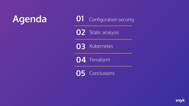 Agenda Conﬁguration security
01
Static analysis
02
Kubernetes
03
Terraform
04
Conclusions
05
