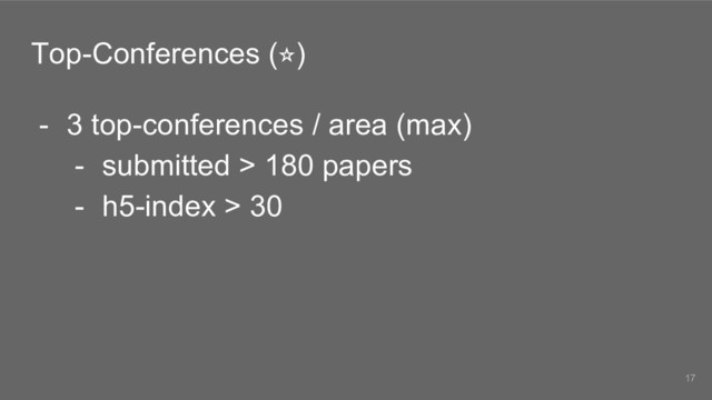 Top-Conferences (⭐)
- 3 top-conferences / area (max)
- submitted > 180 papers
- h5-index > 30
17
