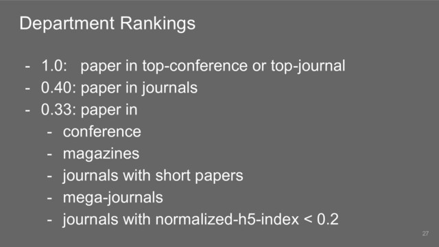 Department Rankings
- 1.0: paper in top-conference or top-journal
- 0.40: paper in journals
- 0.33: paper in
- conference
- magazines
- journals with short papers
- mega-journals
- journals with normalized-h5-index < 0.2
27

