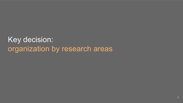 Key decision:
organization by research areas
9
