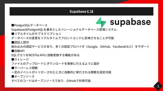 Supabase
PostgreSQL
Supabase PostgreSQL
Google GitHub Facebook
自
API
SQL RESTful API
自 行
一 自 行
GitHub
用
5
