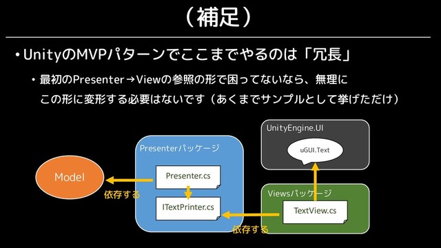 （補足）
• UnityのMVPパターンでここまでやるのは「冗長」
• 最初のPresenter→Viewの参照の形で困ってないなら、無理に
この形に変形する必要はないです（あくまでサンプルとして挙げただけ）
Model
Presenterパッケージ
Presenter.cs
依存する
ITextPrinter.cs TextView.cs
依存する
Viewsパッケージ
uGUI.Text
UnityEngine.UI
