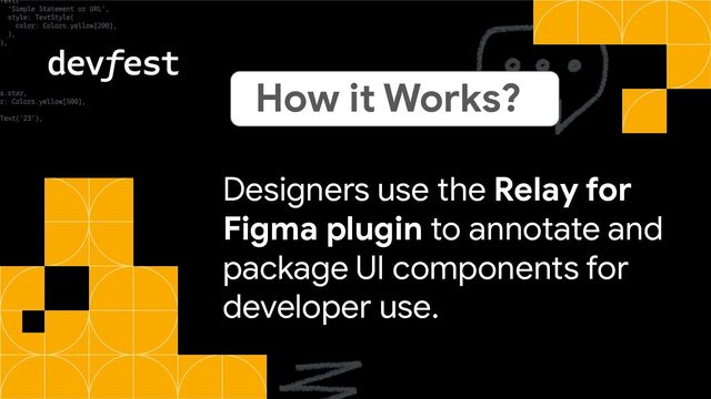 Designers use the Relay for
Figma plugin to annotate and
package UI components for
developer use.
How it Works?
