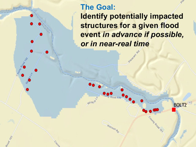The Goal:
Identify potentially impacted
structures for a given flood
event in advance if possible,
or in near-real time

