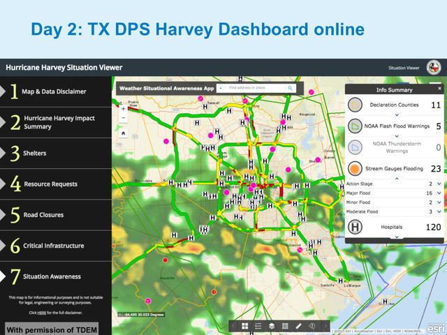 Day 2: TX DPS Harvey Dashboard online
With permission of TDEM
