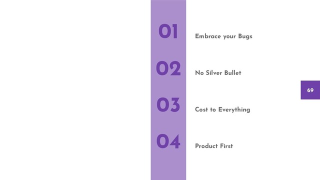 Embrace your Bugs
No Silver Bullet
Cost to Everything
Product First
01
02
03
04
69
