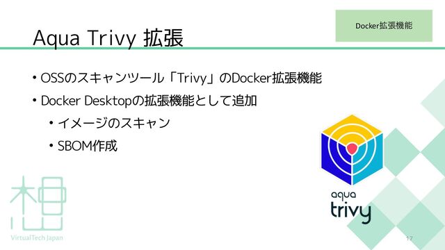 Aqua Trivy 拡張
• OSSのスキャンツール「Trivy」のDocker拡張機能
• Docker Desktopの拡張機能として追加
• イメージのスキャン
• SBOM作成
17
Docker֦ுػೳ
