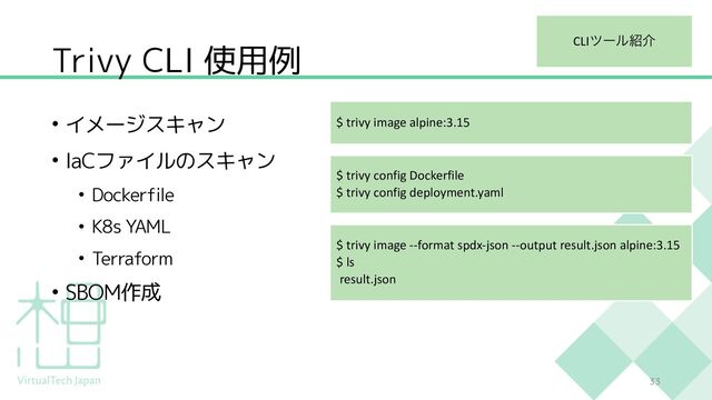 Trivy CLI 使用例
• イメージスキャン
• IaCファイルのスキャン
• Dockerfile
• K8s YAML
• Terraform
• SBOM作成
33
CLIπʔϧ঺հ
$ trivy image alpine:3.15
$ trivy config Dockerfile
$ trivy config deployment.yaml
$ trivy image --format spdx-json --output result.json alpine:3.15
$ ls
result.json
