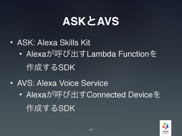 ASKͱAVS
• ASK: Alexa Skills Kit
• Alexa͕ݺͼग़͢Lambda FunctionΛ 
࡞੒͢ΔSDK
• AVS: Alexa Voice Service
• Alexa͕ݺͼग़͢Connected DeviceΛ 
࡞੒͢ΔSDK
14
