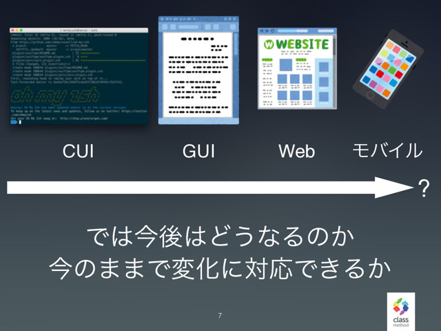 7
GUI
CUI Web ϞόΠϧ
Ͱ͸ࠓޙ͸Ͳ͏ͳΔͷ͔
ࠓͷ··ͰมԽʹରԠͰ͖Δ͔
?
