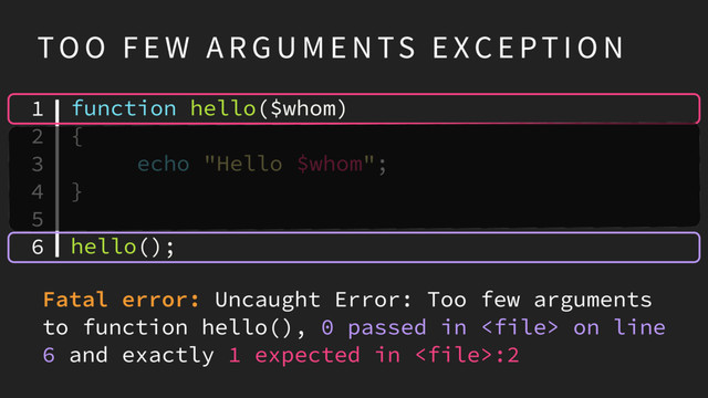 function hello($whom)
{
echo "Hello $whom";
}
hello();
TO O F E W A R G U M E N TS E XC E PT I O N
1
2
3
4
5
6
Fatal error: Uncaught Error: Too few arguments
to function hello(), 0 passed in  on line
6 and exactly 1 expected in :2
