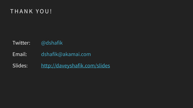 T H A N K YO U !
Twitter:
Email:
Slides:
@dshafik
dshafik@akamai.com
http://daveyshafik.com/slides
