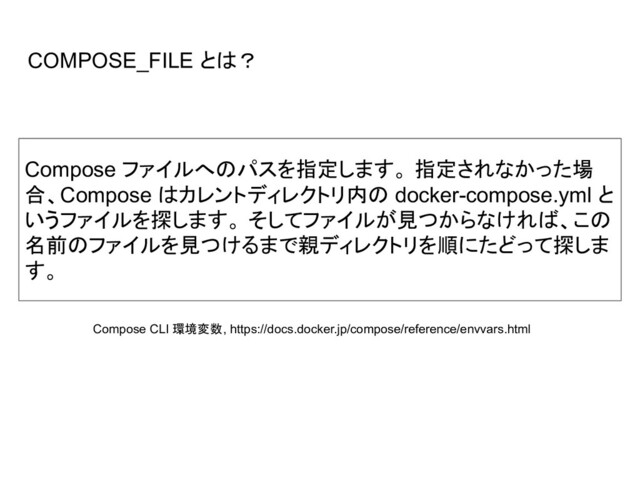 COMPOSE_FILE とは？
Compose ファイルへのパスを指定します。 指定されなかった場
合、Compose はカレントディレクトリ内の docker-compose.yml と
いうファイルを探します。 そしてファイルが見つからなければ、この
名前のファイルを見つけるまで親ディレクトリを順にたどって探しま
す。
Compose CLI 環境変数, https://docs.docker.jp/compose/reference/envvars.html
