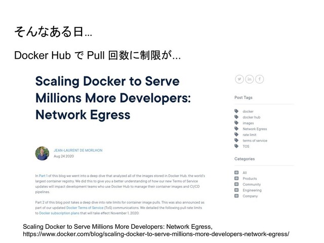 そんなある日... 
Scaling Docker to Serve Millions More Developers: Network Egress,
https://www.docker.com/blog/scaling-docker-to-serve-millions-more-developers-network-egress/
Docker Hub で Pull 回数に制限が...
