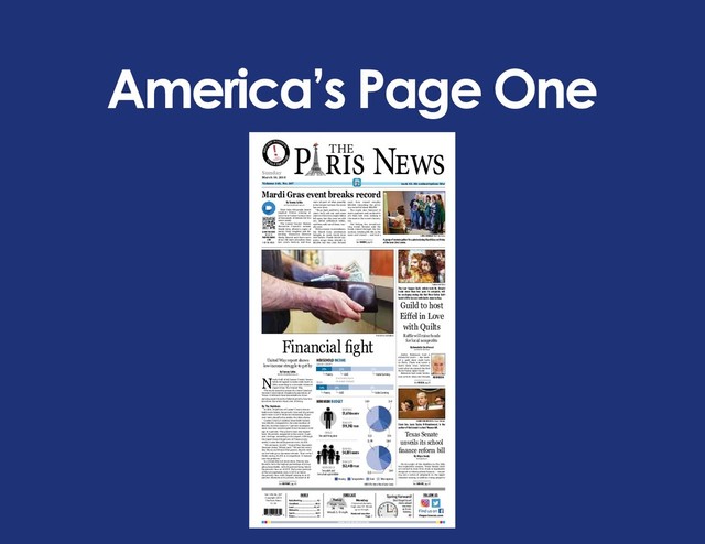 America’s Page One
Vol. 149; No. 207
Copyright 2019
The Paris News
$1.50
Sunday
March 10, 2018
WWW.THEPARISNEWS.COM
FOLLOW US
theparisnews.com
Daily Briefing ......................... A2
Classifieds ........................... B4-6
Local .................................A5, A7
Obituaries .............................. A3
Sports ................................. A8-9
Voices .................................... A4
INDEX
Monday
Chance of showers,
high near 57. Winds
up to 10 mph.
High
56
Low
48
Today
Winds 5-10 mph National weather
Page 2
FORECAST
THE
HISTO
RIC BUSINE
SS
T
EXAS TREAS
URE
TEXAS
HISTORICAL
COMMISSION
P ris News
rack $1.50; subscription 50¢
TPN
Volume 149, No. 207
SCAN THE CODE
OR GO TO
THEPARISNEWS
.COM
FOR THE VIDEO
By Tommy Culkin
tommy.culkin@theparisnews.com
Nearly half of all Lamar County house-
holds struggled to make ends meet in
2016, according to a recently released
report from The United Way.
The study aimed to assess the Asset Limited,
Income Constrained, Employed population of
Texas. It defined these households as those
earning more than the federal poverty line but
less than the area’s basic cost of living.
By The Numbers
In 2016, 20 percent of Lamar County house-
holds were below the poverty line and 25 percent
more were ALICE while the remaining 55 per-
cent were classified as stable, the data shows.
Lamar County’s median household income
was $40,283, compared to the state median of
$56,565, and the county’s 7 percent unemploy-
ment rate was much higher than the state’s aver-
age of 5 percent. The poverty also was higher
here, 20 percent compared to the state’s 14 per-
cent average, according to the report. Although
the report found 58 percent of Texans were
stable, it also found 28 percent were ALICE.
“We all know ALICE,” United Way Executive
Director Jenny Wilson said. “We see her every
day. She is our friend. She goes to church with
us; her kids go to the same schools. That’s why I
think saying ALICE is so important. It human-
izes the problem.”
In a breakdown of local cities, Roxton was
found to have the highest percentage of strug-
gling households, with 59 percent being below
the poverty line or ALICE. Forty-nine percent
of Paris households were ALICE or below
the poverty line, with Deport coming in at 45
percent, Blossom at 41 percent, Sumner at 38
SURVIVAL
$1,616/month
HOUSEHOLD INCOME
LAMAR COUNTY
Stable/Surviving
ALICE
20% 25% 55%
Poverty
(Asset Limited, Income
Constrained, Employed)
TEXAS
Stable/Surviving
ALICE
14% 28% 58%
Poverty
MINIMUM BUDGET
SINGLE
One adult living alone
HOUSEHOLD
Two adults and
two school-aged children
$589 $547
$322 $158
STABILITY
$19,392/year
SURVIVAL
$4,031/month
STABILITY
$52,403/year
$2,198 $664
$525 $644
Other expenses
Transportation Food
Housing
SOURCE: The United Way of Lamar County
Mardi Gras event breaks record
By Tommy Culkin
tommy.culkin@theparisnews.com
More than 400 people joined
together Friday evening at
Love Civic Center to raise tens
of thousands of dollars for the
area’s needy.
The Lamar County Human
Resources Council’s annual
Mardi Gras offered a night of
music, food, laughter and fel-
lowship. Executive Director
Shelly Braziel said there were
about 100 more attendees than
last year’s festival, and they
were all part of what possibly
is the largest turnout the event
has ever seen.
“We go back and forth. Some
years we’ll sell out and some
years we’ll have a couple tables
left open, but this year we sold
out, added additional tables,
and then sold out of those, too,”
she said.
With so many in attendance,
the Mardi Gras celebration
brought in more funds than
ever before. Funds raised typ-
ically range from $40,000 to
$65,000, but this year, Braziel
said, they raised roughly
$83,000, exceeding the previ-
ous record of about $68,000
The night also featured 12
more sponsors and underwrit-
ers than last year, making it
the most in the event’s history,
too.
Not failing the record-set-
ting trend, Braziel said the
funds raised through the live
auction, totaling $36,500, is the
most ever raised — and that’s
See MARDI, pg. A5
Financial fight
United Way report shows
low-income struggle to get by
See REPORT, pg. A5
By Aliyya Swaby
The Texas Tribune
On the night of the deadline to file bills
this legislative session, Texas Senate lead-
ers turned in their first crack at legislation
designed to reform school finance — round-
ing out a series of proposals in the upper
chamber aiming to address rising property
EMREE WEAVER/The Texas Tribune
State Sen. Larry Taylor, R-Friendswood, is the
author of the Senate’s school finance bill.
Texas Senate
unveils its school
finance reform bill
By Annabelle Smallwood
Special to The Paris News
Jackie Robinson had a
dream for years — she want-
ed a quilt show right here
in Paris. There was never a
more ideal time, however,
until after she joined the Red
River Valley Quilt Guild.
Robinson had some hesita-
tion at first when her friends
See SENATE, pg. A7
Submitted Photo
The Last Supper Quilt, which took Dr. Donald
Locke more than two years to complete, will
be on display during the Red River Valley Quilt
Guild’s Eiffel in Love with Quilts show in May.
Guild to host
Eiffel in Love
with Quilts
Raffle will raise funds
for local nonprofits
ROBINSON
See GUILD, pg. A5
Paris News stock photo
LORA ARNOLD/The Paris News
A group of women gather for a photo during Mardi Gras on Friday
at the Love Civic Center.
