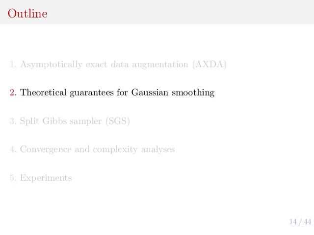 14 / 44
Outline
1. Asymptotically exact data augmentation (AXDA)
2. Theoretical guarantees for Gaussian smoothing
3. Split Gibbs sampler (SGS)
4. Convergence and complexity analyses
5. Experiments
