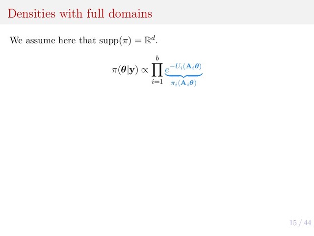 15 / 44
Densities with full domains
We assume here that supp(π) = Rd.
π(θ|y) ∝
b
i=1
e−Ui(Aiθ)
πi(Aiθ)
Distance Main assumptions Upper bound
πρ
− π
TV
Ui
Li
-Lipschitz
b
i=1
2 di
Li
+ o(ρ)
U1
M1
-smooth, b = 1
1
2
M1
d
Ui
Mi
-smooth & strongly convex
1
2
b
i=1
Mi
di
+ o(ρ2)
W1
(πρ
, π)
U1
M1
-smooth & strongly convex
min
√
d, 1
2
√
M1
d
b = 1, A1
= Id
