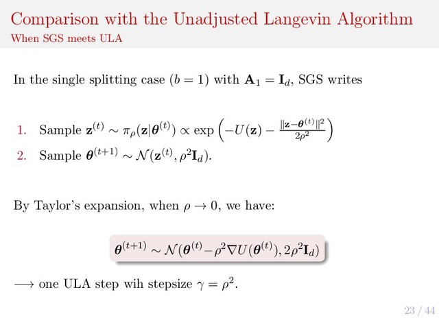 23 / 44
Comparison with the Unadjusted Langevin Algorithm
When SGS meets ULA
In the single splitting case (b = 1) with A1
= Id
, SGS writes
1. Sample z(t) ∼ πρ
(z|θ(t)) ∝ exp −U(z) − z−θ(t) 2
2ρ2
2. Sample θ(t+1) ∼ N(z(t), ρ2Id
).
By Taylor’s expansion, when ρ → 0, we have:
θ(t+1) ∼ N(θ(t)−ρ2∇U(θ(t)), 2ρ2Id
)
−→ one ULA step wih stepsize γ = ρ2.
