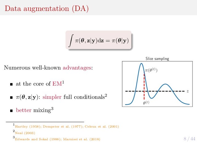 8 / 44
Data augmentation (DA)
π(θ, z|y)dz = π(θ|y)
Numerous well-known advantages:
at the core of EM1
π(θ, z|y): simpler full conditionals2
better mixing3
z
θ(t)
π(θ(t))
Slice sampling
1
Hartley (1958); Dempster et al. (1977); Celeux et al. (2001)
2
Neal (2003)
3
Edwards and Sokal (1988); Marnissi et al. (2018)
