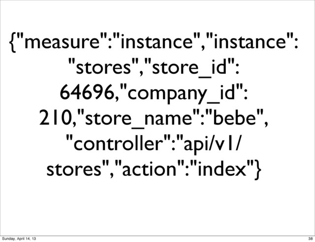 {"measure":"instance","instance":
"stores","store_id":
64696,"company_id":
210,"store_name":"bebe",
"controller":"api/v1/
stores","action":"index"}
38
Sunday, April 14, 13

