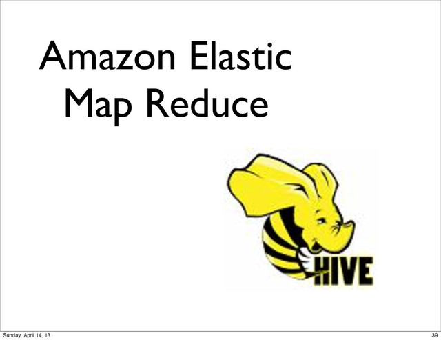Amazon Elastic
Map Reduce
39
Sunday, April 14, 13
