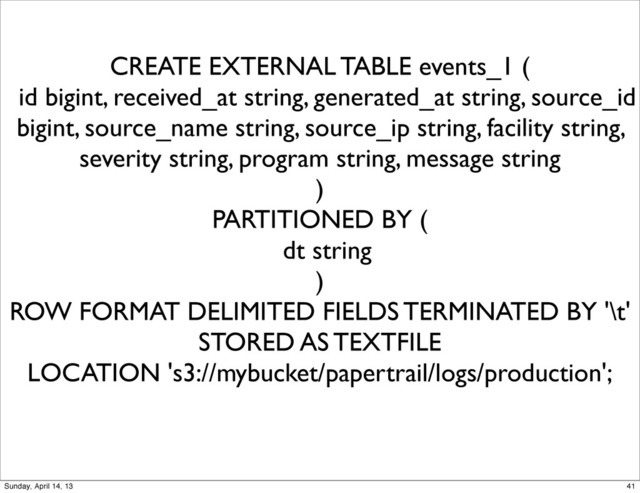 CREATE EXTERNAL TABLE events_1 (
id bigint, received_at string, generated_at string, source_id
bigint, source_name string, source_ip string, facility string,
severity string, program string, message string
)
PARTITIONED BY (
dt string
)
ROW FORMAT DELIMITED FIELDS TERMINATED BY '\t'
STORED AS TEXTFILE
LOCATION 's3://mybucket/papertrail/logs/production';
41
Sunday, April 14, 13
