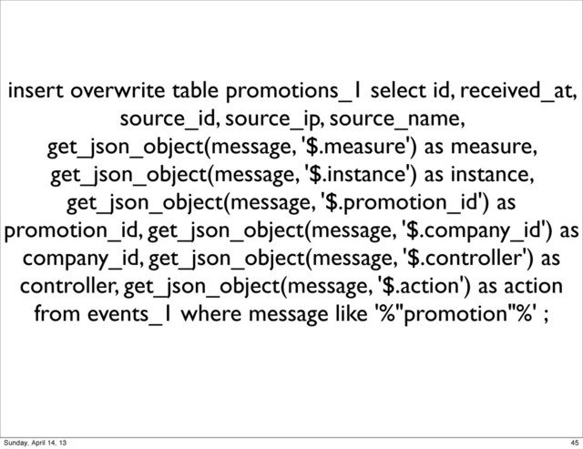 insert overwrite table promotions_1 select id, received_at,
source_id, source_ip, source_name,
get_json_object(message, '$.measure') as measure,
get_json_object(message, '$.instance') as instance,
get_json_object(message, '$.promotion_id') as
promotion_id, get_json_object(message, '$.company_id') as
company_id, get_json_object(message, '$.controller') as
controller, get_json_object(message, '$.action') as action
from events_1 where message like '%"promotion"%' ;
45
Sunday, April 14, 13
