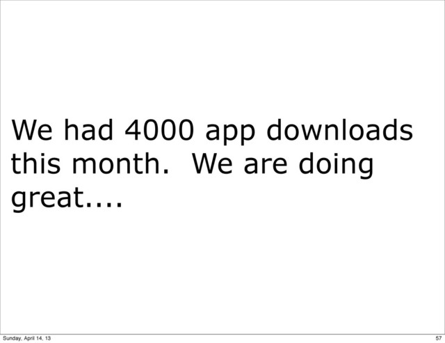 We had 4000 app downloads
this month. We are doing
great....
57
Sunday, April 14, 13
