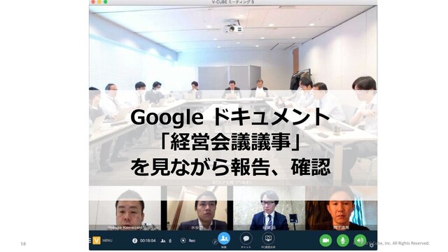 Google ドキュメント
「経営会議議事」
を⾒ながら報告、確認
© 2018 V-Cube, Inc. All Rights Reserved.
58
