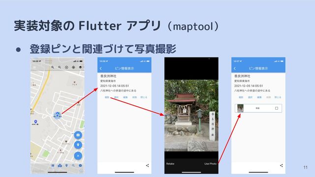 実装対象の Flutter アプリ（maptool）
● 登録ピンと関連づけて写真撮影
11
