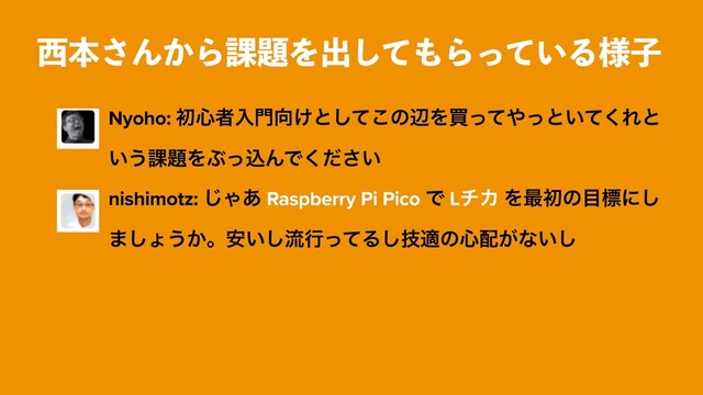 ੢ຊ͞Μ͔Β՝୊Λग़ͯ͠΋Β͍ͬͯΔ༷ࢠ
- Nyoho: ॳ৺ऀೖ໳޲͚ͱͯ͜͠ͷลΛങͬͯ΍ͬͱ͍ͯ͘Εͱ
͍͏՝୊ΛͿͬࠐΜͰ͍ͩ͘͞
- nishimotz: ͡Ό͋ Raspberry Pi Pico Ͱ LνΧ Λ࠷ॳͷ໨ඪʹ͠
·͠ΐ͏͔ɻ͍҆͠ྲྀߦͬͯΔٕ͠దͷ৺഑͕ͳ͍͠
