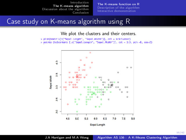 10/42
Introduction
The K-means algorithm
Discussion about the algorithm
Conclusion
The K-means function on R
Description of the algorithm
Interactive demonstration
Case study on K-means algorithm using R
We plot the clusters and their centers.
J.A Hartigan and M.A Wong Algorithm AS 136 : A K-Means Clustering Algorithm
