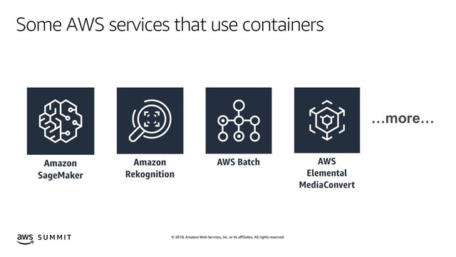 © 2019, Amazon Web Services, Inc. or its affiliates. All rights reserved.
S U M M I T
Some AWS services that use containers
…more…
