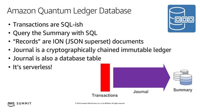 © 2019, Amazon Web Services, Inc. or its affiliates. All rights reserved.
S U M M I T
Amazon Quantum Ledger Database
Summary
Journal
Transactions
• Transactions are SQL-ish
• Query the Summary with SQL
• “Records” are ION (JSON superset) documents
• Journal is a cryptographically chained immutable ledger
• Journal is also a database table
• It’s serverless!
