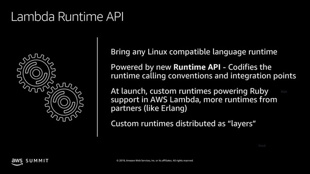 © 2019, Amazon Web Services, Inc. or its affiliates. All rights reserved.
S U M M I T
Lambda Runtime API
Bring any Linux compatible language runtime
Powered by new Runtime API - Codifies the
runtime calling conventions and integration points
At launch, custom runtimes powering Ruby
support in AWS Lambda, more runtimes from
partners (like Erlang)
Custom runtimes distributed as “layers”
Rule
Stack
