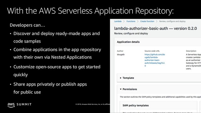 © 2019, Amazon Web Services, Inc. or its affiliates. All rights reserved.
S U M M I T
With the AWS Serverless Application Repository:
Developers can…
• Discover and deploy ready-made apps and
code samples
• Combine applications in the app repository
with their own via Nested Applications
• Customize open-source apps to get started
quickly
• Share apps privately or publish apps
for public use
