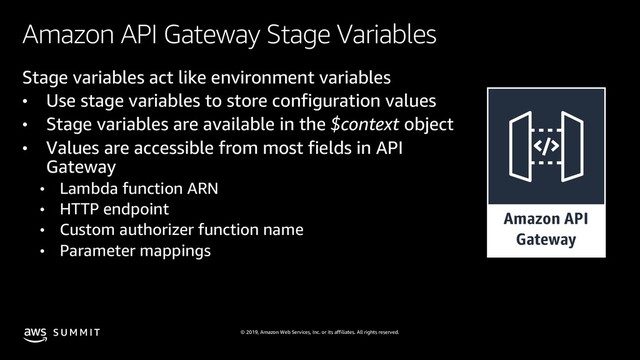 © 2019, Amazon Web Services, Inc. or its affiliates. All rights reserved.
S U M M I T
Amazon API Gateway Stage Variables
Stage variables act like environment variables
• Use stage variables to store configuration values
• Stage variables are available in the $context object
• Values are accessible from most fields in API
Gateway
• Lambda function ARN
• HTTP endpoint
• Custom authorizer function name
• Parameter mappings
