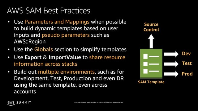 © 2019, Amazon Web Services, Inc. or its affiliates. All rights reserved.
S U M M I T
AWS SAM Best Practices
• Use Parameters and Mappings when possible
to build dynamic templates based on user
inputs and pseudo parameters such as
AWS::Region
• Use the Globals section to simplify templates
• Use Export & ImportValue to share resource
information across stacks
• Build out multiple environments, such as for
Development, Test, Production and even DR
using the same template, even across
accounts
SAM Template
Source
Control
Dev
Test
Prod
