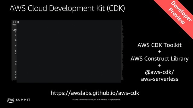© 2019, Amazon Web Services, Inc. or its affiliates. All rights reserved.
S U M M I T
AWS Cloud Development Kit (CDK)
https://awslabs.github.io/aws-cdk
AWS CDK Toolkit
+
AWS Construct Library
+
@aws-cdk/
aws-serverless
D
eveloper
Preview
