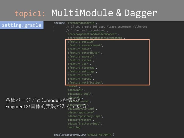 topic1: MultiModule & Dagger
setting.gradle
各種ページごとにmoduleが切られ
Fragmentの具体的実装が⼊っている
