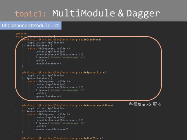 topic1: MultiModule & Dagger
DbComponentModule.kt
各種Storeを配る

