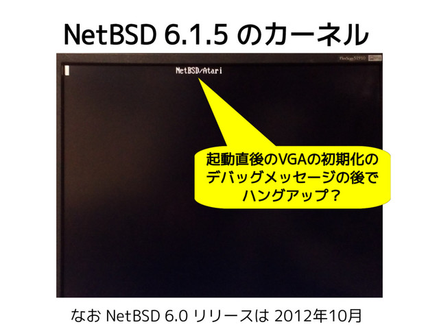 NetBSD 6.1.5 のカーネル
なお NetBSD 6.0 リリースは 2012年10月
起動直後のVGAの初期化の
デバッグメッセージの後で
ハングアップ？
