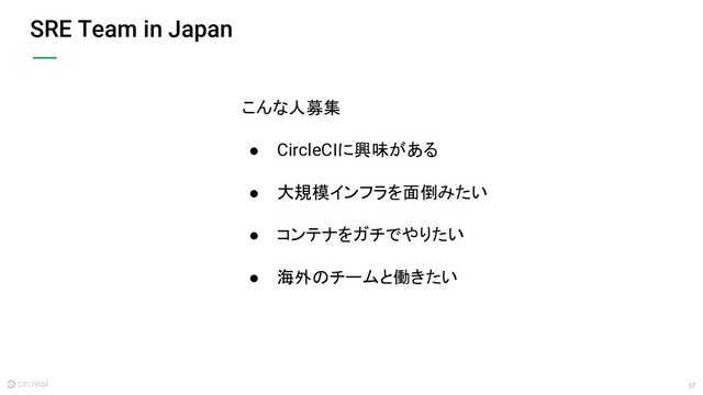 37
SRE Team in Japan
こんな人募集
● CircleCIに興味がある
● 大規模インフラを面倒みたい
● コンテナをガチでやりたい
● 海外のチームと働きたい
