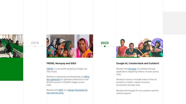 2018 2022
FREND, Novopay and IDEO


FREND is a non profit backed by Google and
Tata Trusts.


Worked on designing and developing an offline
first application to generate livelihood for over
80,000 women in 300,000 villages across
India.


Worked with IDEO on a design framework for
new internet users.
Google AI, Creatorstack and Cutshort


Worked with Novopay on multiple financial
applications impacting millions of users across
India.


Worked on state of multiple state-of-the-art
products in health, creator economy,
recruitment and agri-tech.
 
 
Worked with Google AI on an product used for
clinical research
