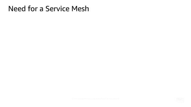 © 2019, Amazon Web Services, Inc. or its affiliates. All rights reserved.
OSSC libraries:
code changes required,
language specific
Service Mesh:
decentral, language agnostic,
polyglot, light-weight
https://www.infoq.com/articles/microservices-post-kubernetes
Need for a Service Mesh
ESB: clustered monolith
