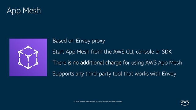 © 2019, Amazon Web Services, Inc. or its affiliates. All rights reserved.
Based on Envoy proxy
Start App Mesh from the AWS CLI, console or SDK
There is no additional charge for using AWS App Mesh
Supports any third-party tool that works with Envoy
App Mesh
