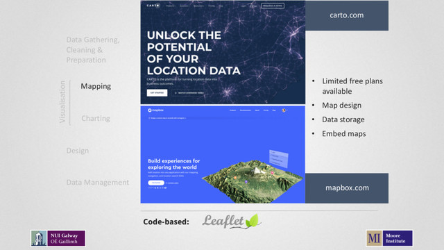 • Limited free plans
available
Code-based:
• Map design
• Data storage
• Embed maps
Data Gathering,
Cleaning &
Preparation
Mapping
Charting
Data Management
Design
Visualisation
carto.com
mapbox.com
