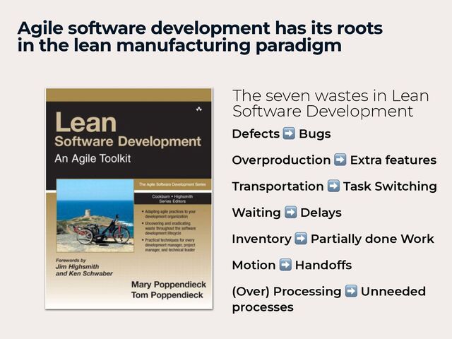 Defects ➡ Bugs


Overproduction ➡ Extra features


Transportation ➡ Task Switching


Waiting ➡ Delays


Inventory ➡ Partially done Work


Motion ➡ Handoffs


(Over) Processing ➡ Unneeded
processes
Agile software development has its roots
in the lean manufacturing paradigm
The seven wastes in Lean
Software Development
